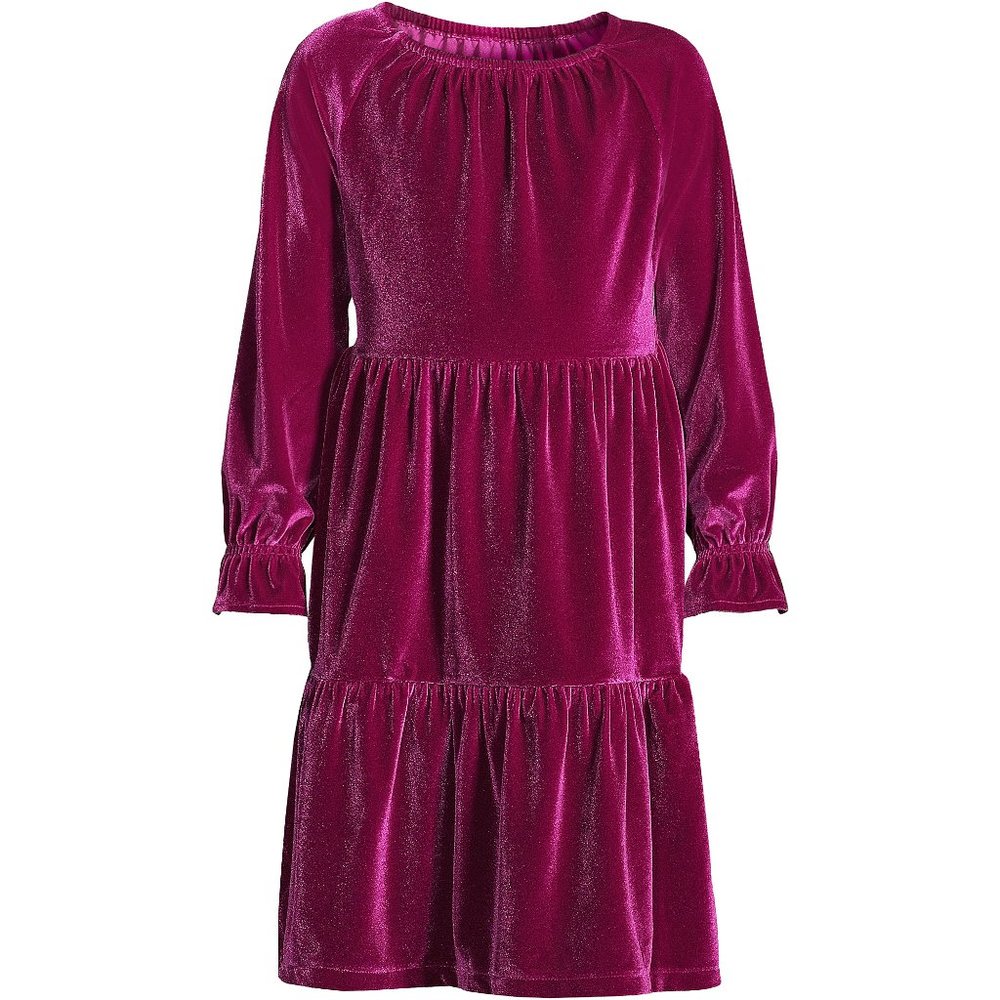 Girls Tiered A-line Long Sleeve Velvet Dress shirred pleated Purple Dark Magenta
